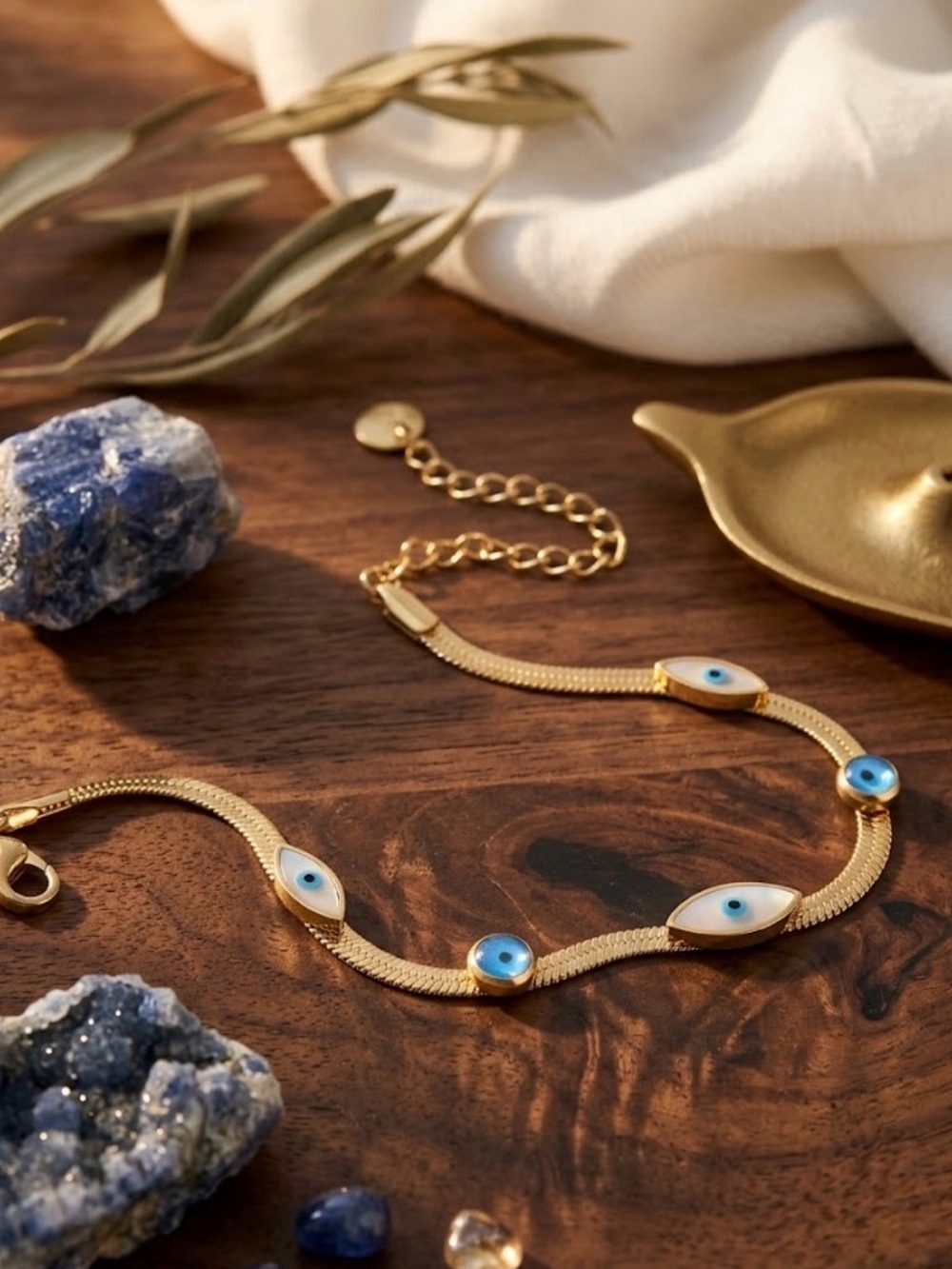 Gold Evil Eye Bracelet with Blue Accents - Women Jewelry